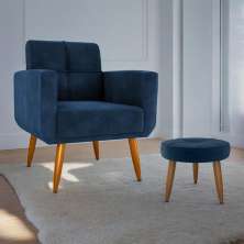 Conjunto de Poltrona e Puff Decorativos Miller Veludo Azul