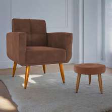 Conjunto de Poltrona e Puff Decorativos Miller Veludo Ferrugem