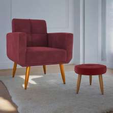 Conjunto de Poltrona e Puff Decorativos Miller Veludo Vinho
