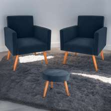 Jogo de Poltronas e Puff Austin Veludo Azul