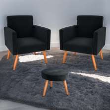 Jogo de Poltronas e Puff Austin Veludo Inca Preto