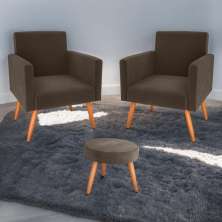 Jogo de Poltronas e Puff Austin Veludo Marrom