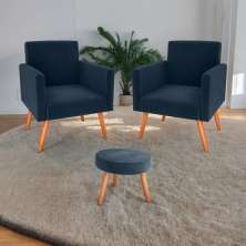 Jogo de Poltronas e Puff Livia Veludo Azul