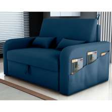 Sofá Cama 2 Lugares com Baú Hiram Veludo Azul