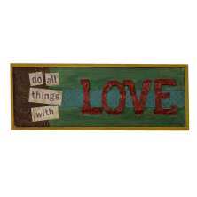 Quadro Metal Efeito Colagem Love Amarelo Quadrado 21x56x2cm