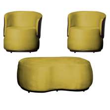 Kit 02 Poltronas  e 01 Puff Decorativo Beatriz Veludo Amarelo/PU Marrom - Montanaris Decor