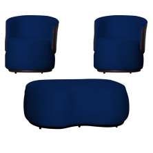 Kit 02 Poltronas  e 01 Puff Decorativo Beatriz Veludo Azul Marinho/PU Marrom - Montanaris Decor