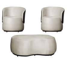 Kit 02 Poltronas  e 01 Puff Decorativo Beatriz Veludo Bege/PU Marrom - Montanaris Decor