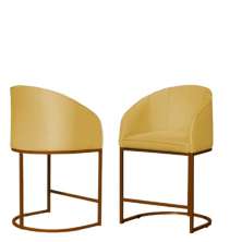 Kit 02 Poltronas Cadeira Banqueta Mia Base Bronze Veludo Amarelo - Montanaris Decor