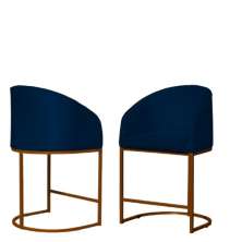 Kit 02 Poltronas Cadeira Banqueta Mia Base Bronze Veludo Azul Marinho - Montanaris Decor