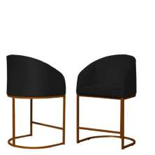 Kit 02 Poltronas Cadeira Banqueta Mia Base Bronze Veludo Preto - Montanaris Decor