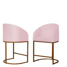Kit 02 Poltronas Cadeira Banqueta Mia Base Bronze Veludo Rosa - Montanaris Decor
