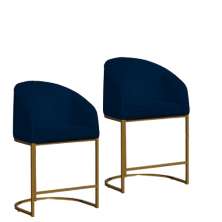 Kit 02 Poltronas Cadeira Banqueta Mia Base Dourada Veludo Azul Marinho - Montanaris Decor