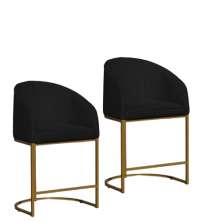 Kit 02 Poltronas Cadeira Banqueta Mia Base Dourada Veludo Preto - Montanaris Decor