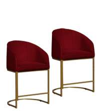 Kit 02 Poltronas Cadeira Banqueta Mia Base Dourada Veludo Vermelho - Montanaris Decor