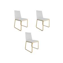 Kit 03 Cadeira de Jantar Estofada Lille Base Gold Courino Branco  - Montanaris Decor