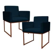 Kit 2 Poltronas Decorativa Base De Ferro Bronze Veludo Azul Marinho - Montanaris Decor