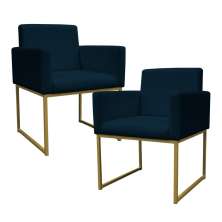 Kit 2 Poltronas Decorativa Base De Ferro Gold Veludo Azul Marinho  - Montanaris Decor