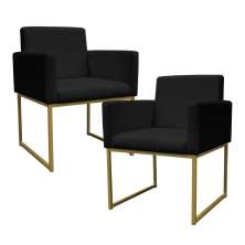 Kit 2 Poltronas Decorativa Base De Ferro Gold Veludo Preto - Montanaris Decor