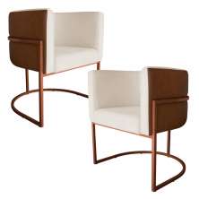 Kit 2 Poltronas Decorativa Cristal Base Bronze Veludo Bege/Pu Caramelo - Montanaris Decor