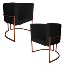 Kit 2 Poltronas Decorativa Luana Base Bronze PU Preto - Montanaris Decor
