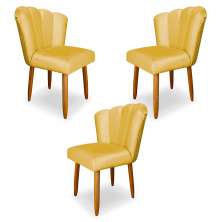 Kit 3 Cadeiras de Jantar Pétala Estofada Pés Palito Veludo Amarelo - Montanaris Decor