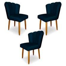 Kit 3 Cadeiras de Jantar Pétala Estofada Pés Palito Veludo Azul Marinho - Montanaris Decor