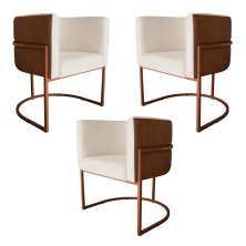 Kit 3 Poltronas Decorativa Cristal Base Bronze Veludo Bege/Pu Caramelo - Montanaris Decor