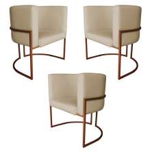 Kit 3 Poltronas Decorativa Luana Base Bronze PU Bege - Montanaris Decor