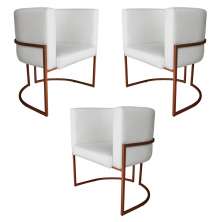 Kit 3 Poltronas Decorativa Luana Base Bronze PU Branco - Montanaris Decor