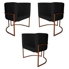 Kit 3 Poltronas Decorativa Luana Base Bronze PU Preto - Montanaris Decor