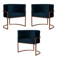Kit 3 Poltronas Decorativa Luana Base Bronze Veludo Azul Marinho - Montanaris Decor