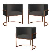 Kit 3 Poltronas Decorativa Luana Base Bronze Veludo Cinza - Montanaris Decor
