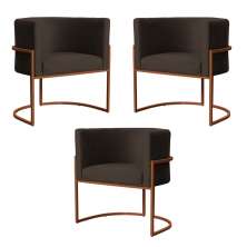 Kit 3 Poltronas Decorativa Luana Base Bronze Veludo Marrom - Montanaris Decor