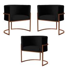 Kit 3 Poltronas Decorativa Luana Base Bronze Veludo Preto - Montanaris Decor