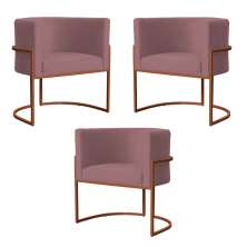 Kit 3 Poltronas Decorativa Luana Base Bronze Veludo Rosê - Montanaris Decor