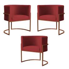 Kit 3 Poltronas Decorativa Luana Base Bronze Veludo Vermelho - Montanaris Decor