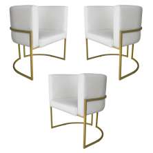 Kit 3 Poltronas Decorativa Luana Base Gold PU Branco - Montanaris Decor