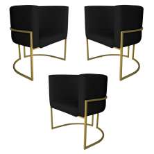 Kit 3 Poltronas Decorativa Luana Base Gold PU Preto - Montanaris Decor