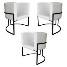 Kit 3 Poltronas Decorativa Luana Base Preta PU Branco - Montanaris Decor