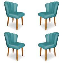 Kit 4 Cadeiras de Jantar Pétala Estofada Pés Palito Veludo Azul Turquesa - Montanaris Decor