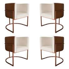 Kit 4 Poltronas Decorativa Cristal Base Bronze Veludo Bege/Pu Caramelo - Montanaris Decor
