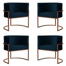 Kit 4 Poltronas Decorativa Luana Base Bronze Veludo Azul Marinho - Montanaris Decor
