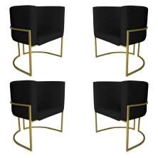 Kit 4 Poltronas Decorativa Luana Base Gold PU Preto - Montanaris Decor