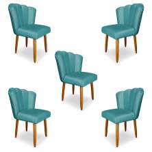 Kit 5 Cadeiras de Jantar Pétala Estofada Pés Palito Veludo Azul Turquesa - Montanaris Decor