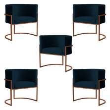 Kit 5 Poltronas Decorativa Luana Base Bronze Veludo Azul Marinho - Montanaris Decor