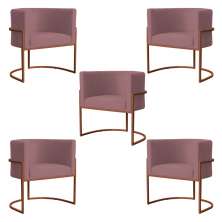 Kit 5 Poltronas Decorativa Luana Base Bronze Veludo Rosê - Montanaris Decor