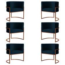 Kit 6 Poltronas Decorativa Luana Base Bronze Veludo Azul Marinho - Montanaris Decor