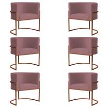 Kit 6 Poltronas Decorativa Luana Base Bronze Veludo Rosê - Montanaris Decor