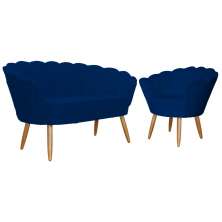 Kit Namoradeira e 1 Poltrona Pétala Decorativa Veludo Azul Marinho - Montanaris Decor